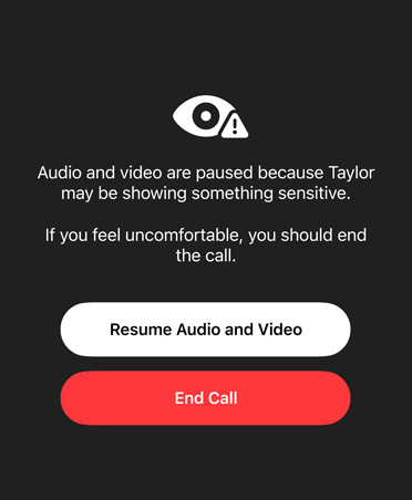 Auto-generated message to parent about the sensitive and unsafe content their child may be viewing on a FaceTime call, with options to Resume Audio and Video or End Call