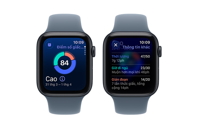 Apple Watch SE 3, điểm số giấc ngủ, biểu đồ hình tròn và số điểm, các giai đoạn ngủ phân tích giai đoạn thức, giấc ngủ REM, giấc ngủ chính và giấc ngủ sâu