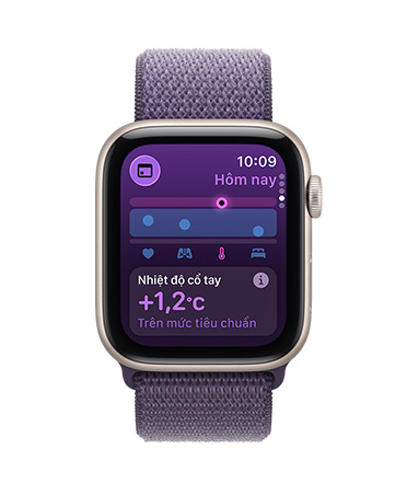 Apple Watch SE 3, vỏ nhôm, màu ánh sao, ứng dụng Sinh Hiệu, biểu đồ điểm sức khỏe, thông báo các chỉ số sinh hiệu bất thường qua đêm, mặt ngoài bên phải, Digital Crown, Dây Quấn Thể Thao, màu tím sương khói