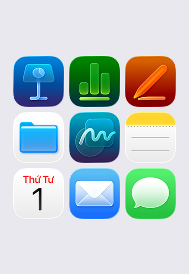 Các biểu tượng ứng dụng Apple, được sắp xếp trong lưới 3x3, bao gồm: Keynote, Numbers, Pages, Tệp, Ghi Chú và Lịch.