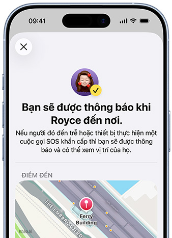 Màn hình iPhone hiển thị xác nhận rằng thông báo Tìm đã được thiết lập, dòng chữ có nội dung 'Bạn sẽ được thông báo khi Pedro đến', bản đồ có vị trí được ghim nằm ở cuối màn hình